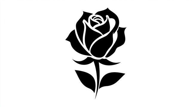 Minimalist black silhouette of a beautiful blooming rose flower featuring sharp elegant lines and smooth artistic curves on white background