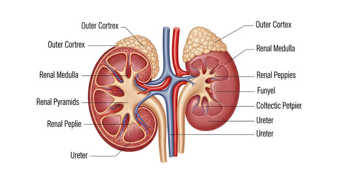 Detailed human kidney anatomy diagram for educational and medical use