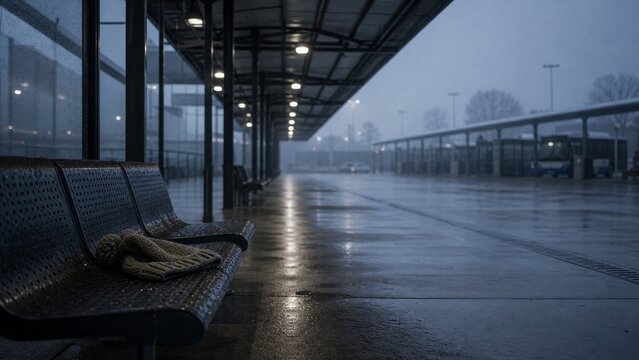 Lost Knitted Hat on Empty Bus Depot Bench