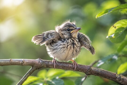Fledgling bird fluffing feathers on branch, soft morning light through leaves.