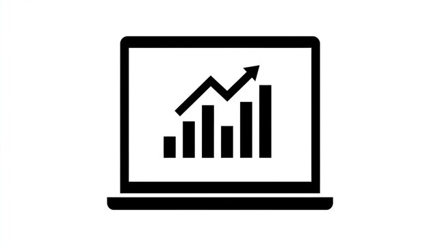 Simple black laptop icon displaying a rising bar chart graph sign for business finance analysis isolated on white background
