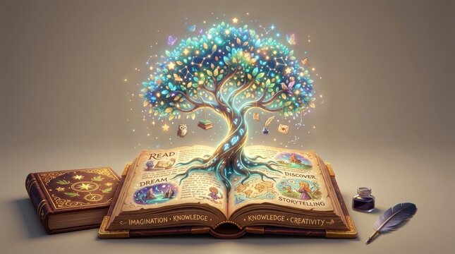 Open magical book with a glowing beautiful fairy tale tree growing out