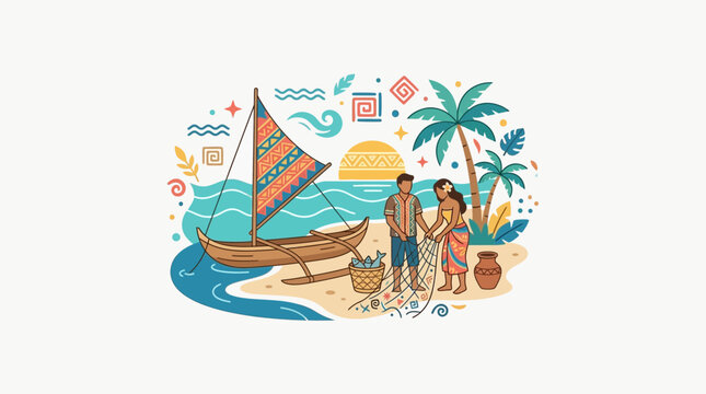 Tropical Beach Fishing Scene with Couple and Sailboat