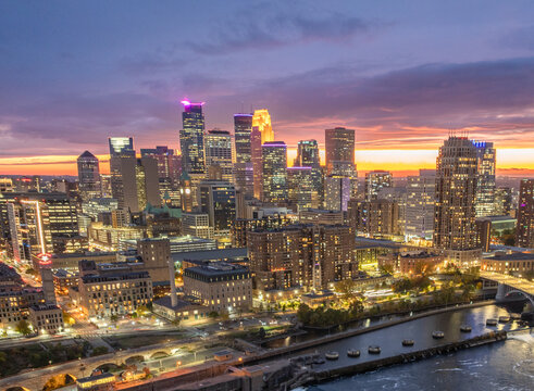Colorful sunset over downtown Minneapolis, Minnesota 