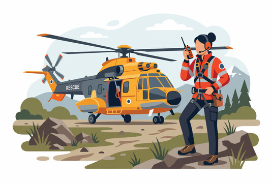Rescue worker coordinating aid mission with helicopter and radio