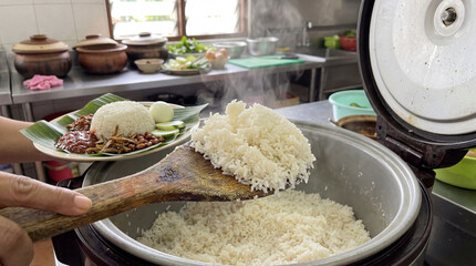 Fototapeta premium Steaming cooked rice in a kitchen with a wooden spoon