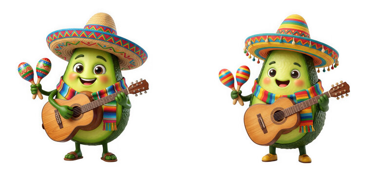 Cute cartoon avocado character wearing a sombrero and poncho playing a guitar and holding maracas isolated on transparent background