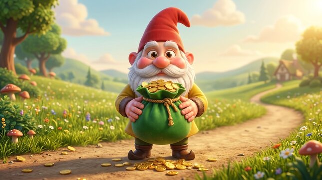Cute cartoon gnome holding big bag of gold coins in sunny fantasy meadow