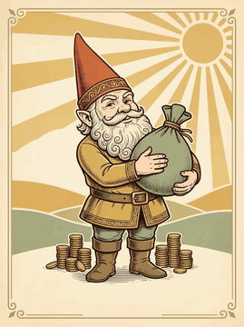 Vintage engraving style greedy gnome holding money bag with gold coins retro poster