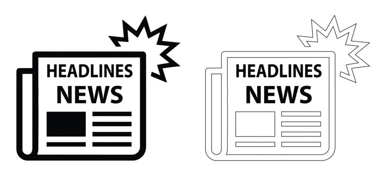 Breaking News Newspaper with Headlines Text and Flash Explosion Symbol Silhouette and Outline Vector Set, Daily Press Journal Clip Art Graphics