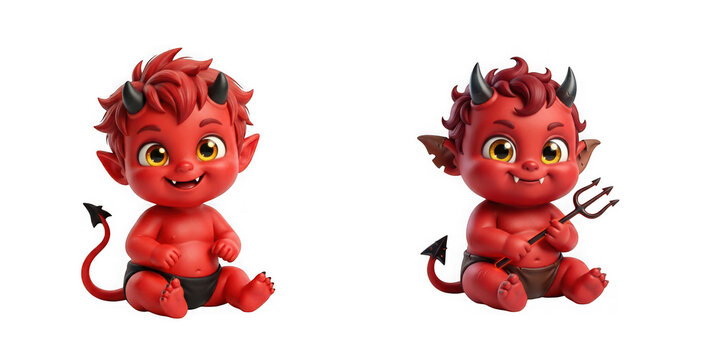 Cute little red devil baby character sitting, 3d illustration isolated on transparent background
