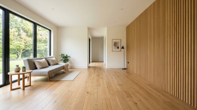 Empty modern room interior with wooden floor and large bright window