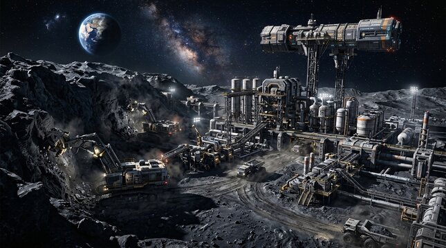 Futuristic lunar mining operation with earth and milky way in the starry sky
