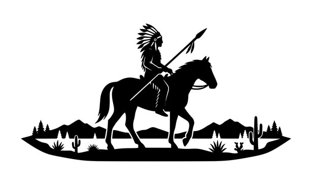 Native American Horseback Hunter Silhouette with Mountain Landscape Vector