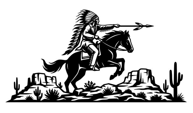 Western Native American Warrior on Horse Silhouette with Desert Scene Vector Illustration