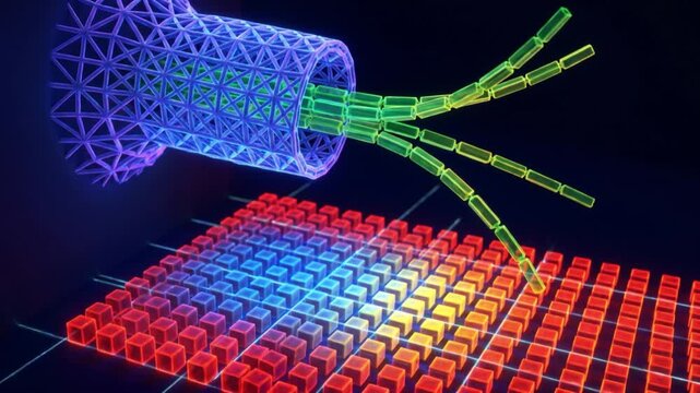 暗黒空間で粒子が幾何学的な四肢構造を構築する外胚葉性頂堤の医療シミュレーションCG