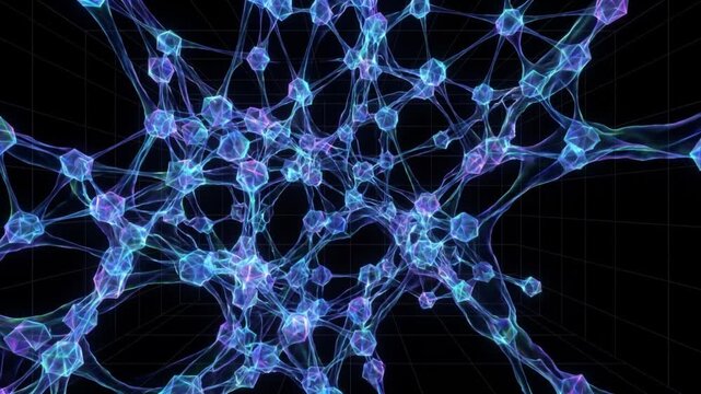暗黒空間で独立した幾何学的ブロックが融合し多核の合胞体栄養膜となる医療CG映像