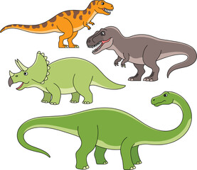 Cute cartoon dinosaurs collection with tyrannosaurus rex triceratops brachiosaurus, prehistoric wildlife predator character vector © Arishfa