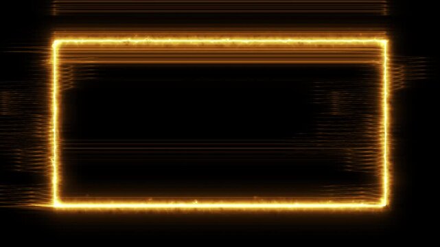 Abstract gold neon rectangle frame animation with modern digital glitch effect, intense yellow geometric power line with electric light disruption isolated on black 4K