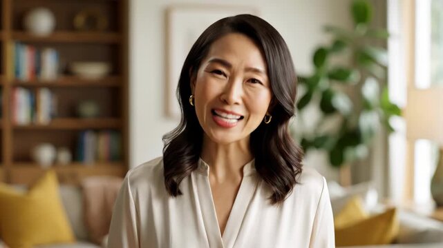 Asian woman waving hello during a video call in a home office setting