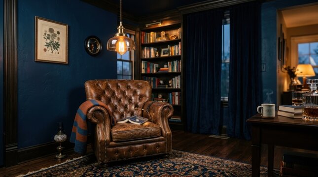 Classic dark moody living room interior with leather armchair