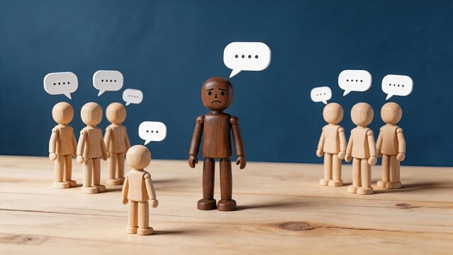 Social exclusion and bullying concept, sad wooden doll standing alone while groups of figures gossip with speech bubbles around him, representing isolation