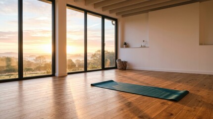 Fototapeta premium Sunrise in empty room with yoga mat unrolled on floor