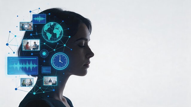 Profile of business woman with digital network overlay, global communication, remote work, video conference, time management, connectivity, modern workforce concept