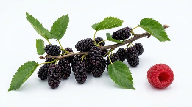 Fresh blackberries on branch with single raspberry isolated on white