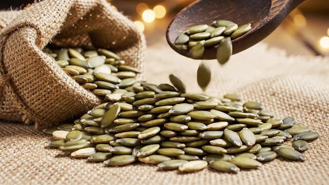 Raw pumpkin seeds spill from a burlap sack onto a table