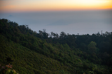 Obraz premium Mountain ranges in the forest, shrouded in morning mist.