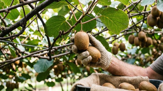 Farmer harvesting fresh ripe kiwi fruits in an orchard