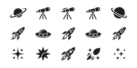 Vector space exploration icons including rockets, planets, telescopes, and UFO silhouettes © Shohag