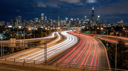 Fototapeta premium Night highway traffic light trails in modern city skyline