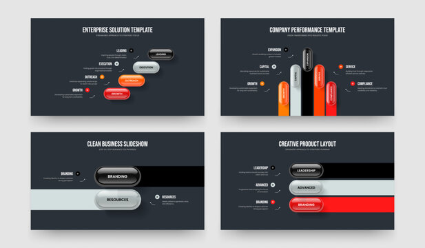 Visual Strategy Four Five Two Three Option Diagram Slideshow Design Vector Illustration Set. Consulting Plan 4 5 2 3 Step Infographic Presentation Template Bundle.