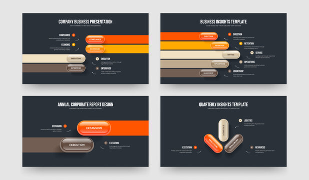 Business Plan 4 5 2 3 Step Diagram Slide Layout Set. Marketing Proposal Four Five Two Three Option Infographic Slideshow Design Vector Illustration Bundle.