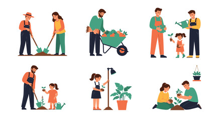 Fototapeta premium Set of diverse people engaged in various gardening activities such as planting seeds, digging soil, and watering plants with family.