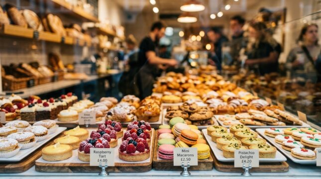 Bakery display case filled with fresh pastries and colorful macarons