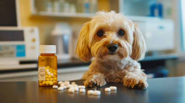  Small Dog with Medication Bottle in Veterinary Clinic