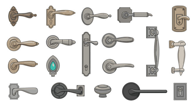 Assorted collection of vintage and modern door handles knobs and hardware designs in metallic colors for interior design themes.
