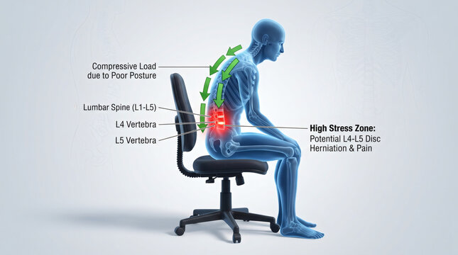 Anatomical diagram of back pain and poor sitting posture