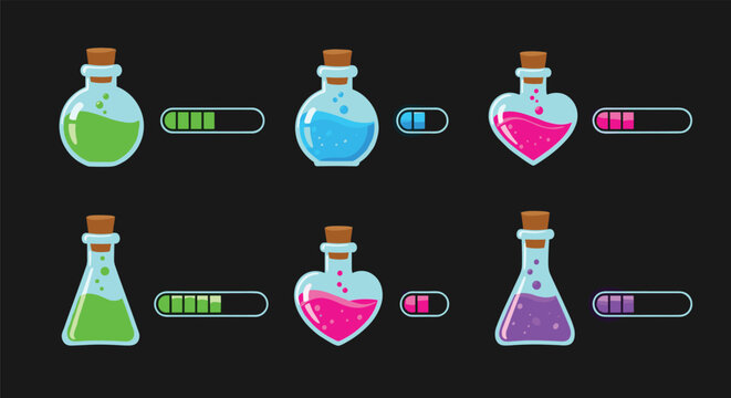 Magical potion bottles with different liquids and level bars used as health and mana indicators in role playing video games.