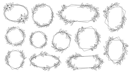 Fototapeta premium Selection of elegant hand-drawn floral and geometric frames and wreaths made of leaves and flowers for wedding invitations and decorative projects.