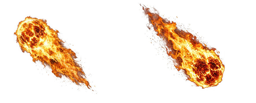 Two realistic fireballs or meteors with burning flames and glowing embers isolated on transparent background