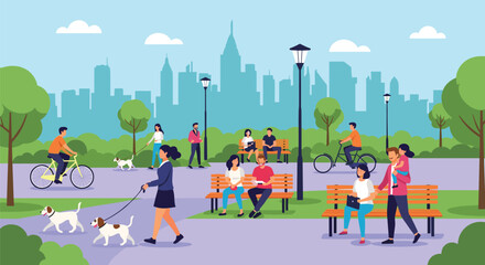 Fototapeta premium Vibrant city park scene with people walking dogs, riding bicycles, sitting on benches, and enjoying the outdoors with a city skyline in the background.
