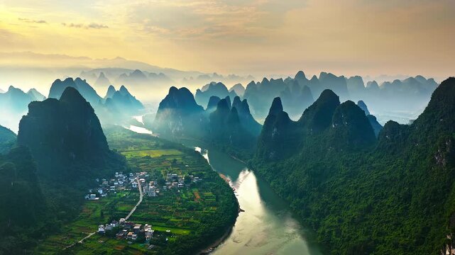 Aerial view of Li River winding through karst mountains in Guilin, China