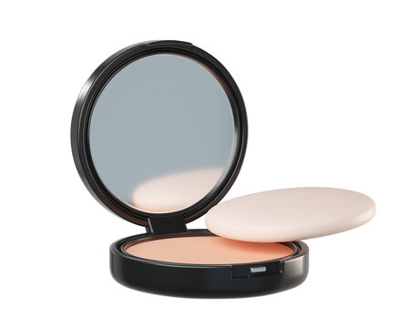 3D Black Compact Powder with sponge and mirror. Realistic beauty skincare face foundation  isolated on white. Makeup beauty cosmetic product. 3d render
