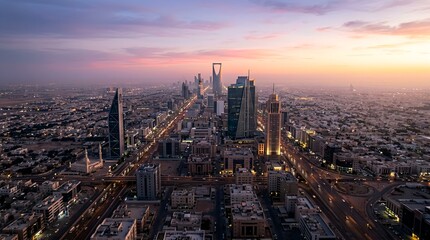 Obraz premium Riyadh City Skyline at Dawn with Pastel Sky and Twinkling City Lights
