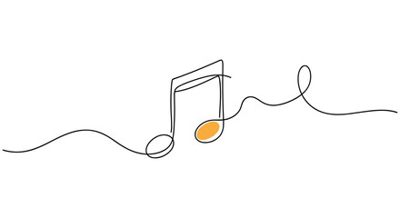 Obraz premium Continuous line drawing of musical notes with subtle orange accents representing melody, rhythm, and artistic sound concepts.