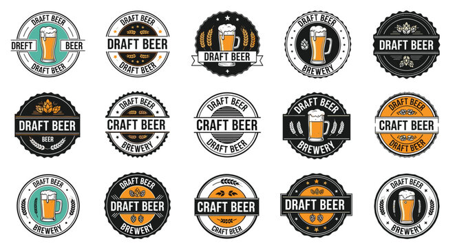 Set of vintage style draft beer brewery labels and badges featuring beer glasses, hops, and wheat for bar or pub branding.